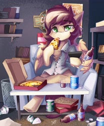 Size: 3391x4096 | Tagged: safe, artist:saxopi, oc, oc only, pegasus, pony, alcohol, beer, clothes, couch, food, pizza, solo, wing hands, wings