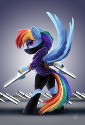 Size: 1506x2200 | Tagged: safe, artist:tsitra360, rainbow dash, pegasus, pony, g4, bipedal, clothes, cosplay, costume, crossover, female, k/da, league of legends, looking at you, mare, solo, spread wings, video game crossover, wings