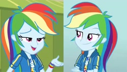 Size: 2289x1288 | Tagged: safe, edit, screencap, rainbow dash, equestria girls, equestria girls series, g4, holidays unwrapped, rollercoaster of friendship, spoiler:eqg series (season 2), clothes, comparison, geode of super speed, jacket, magical geodes