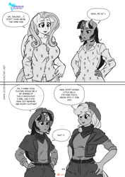 Size: 2048x2896 | Tagged: safe, artist:pia-sama, applejack, fluttershy, twilight sparkle, earth pony, pegasus, unicorn, anthro, comic:rogue diamond, g4, 2 handfuls of dat ass, 2 handfuls of dem hips, breasts, cleavage, clothes, clothes swap, cowboy hat, female, hat, high res, looking at each other, mare, monochrome, pajamas, size difference, wide hips
