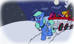 Size: 1600x960 | Tagged: safe, artist:dashingjack, oc, oc:brainstorm, pony, hearth's warming eve, kart, present, snow