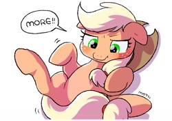 Size: 1457x1032 | Tagged: safe, artist:mochi_nation, applejack, earth pony, pony, g4, bellyrub request, blushing, cute, freckles, implied belly rubs, jackabetes, lying down, on back, silly, silly pony, simple background, solo, speech bubble, white background, who's a silly pony