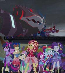 Size: 1920x2160 | Tagged: safe, edit, edited screencap, screencap, applejack, fluttershy, pinkie pie, rainbow dash, rarity, sci-twi, sunset shimmer, twilight sparkle, human, cheer you on, equestria girls, g4, my little pony equestria girls: better together, clampdown, comparison, crossover, humane five, humane seven, humane six, super ponied up, thunderhoof, transformers, transformers robots in disguise (2015), underbite (decepticon)