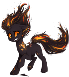 Size: 2600x2877 | Tagged: safe, alternate version, artist:higglytownhero, oc, oc only, oc:cinderheart, elemental pony, pony, unicorn, arrow, ash, background removed, commission, cracked, demi-god, embers, female, glowing, gritted teeth, high res, mare, neck, raised hoof, red eyes, simple background, smoke, solo, transparent background, trap