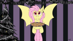 Size: 1920x1080 | Tagged: safe, artist:earthquake87, fluttershy, bat pony, pony, g4, animated, bat ponified, blinking, christmas, christmas lights, christmas tree, cookie, cute, fangs, flapping wings, floating, flutterbat, food, gingerbread (food), hearth's warming, holiday, looking at you, plate of cookies, race swap, shyabates, shyabetes, smiling, talking, talking to viewer, text, tree, wings