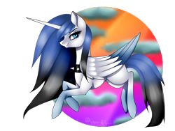 Size: 1600x1200 | Tagged: safe, artist:minelvi, oc, oc only, alicorn, pony, alicorn oc, choker, eyelashes, flying, horn, simple background, smiling, solo, spiked choker, transparent background, two toned wings, wings