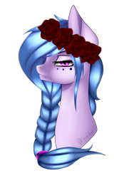 Size: 1200x1600 | Tagged: safe, artist:minelvi, oc, oc only, earth pony, pony, braid, bust, earth pony oc, floral head wreath, flower, freckles, lidded eyes, rose, simple background, solo, transparent background, unamused