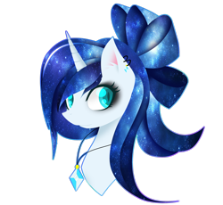 Size: 2554x2348 | Tagged: safe, artist:riariirii2, oc, oc only, oc:star blaze, pony, unicorn, bow, bust, ear piercing, earring, ethereal mane, eyelashes, eyeliner, galaxy mane, hair bow, high res, horn, jewelry, makeup, necklace, piercing, simple background, solo, transparent background, unicorn oc