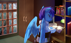 Size: 4331x2625 | Tagged: safe, artist:alus, oc, oc only, oc:dr.picsell dois, pegasus, pony, 80's-ish, book, bookshelf, clothes, dormitory, facial hair, irl, lab coat, male, moustache, rain, real life background, southeast university, stallion, studying, university