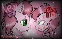 Size: 1089x680 | Tagged: safe, artist:muhammad yunus, earth pony, pony, 2018, aelita schaeffer, bedroom eyes, bow, crying, dark, duo, female, ibispaint x, mare, new, old, open mouth, ponified, sad, sparkle