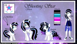 Size: 1080x619 | Tagged: safe, artist:rxndxm.artist, oc, oc:shooting star, pony, unicorn, equestria girls, g4, clothes, equestria girls-ified, ethereal mane, eyelashes, female, galaxy mane, horn, jewelry, mare, necklace, reference sheet, shoes, sitting, skirt, smiling, unicorn oc