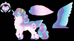 Size: 1280x716 | Tagged: safe, artist:theartfox2468, princess flurry heart, alicorn, pony, g4, black background, chest fluff, cloven hooves, colored wings, female, fluffy, mare, multicolored wings, older, older flurry heart, simple background, solo, wings