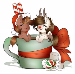 Size: 2418x2394 | Tagged: safe, artist:tawnysweet, oc, oc only, oc:coffee, oc:kona aloha, bat pony, pony, antlers, bat pony oc, bat wings, bow, candy, candy cane, chocolate, christmas, cup, cup of pony, cute, drink, duo, eyes closed, female, food, hat, high res, holiday, hot chocolate, mare, marshmallow, micro, mug, red nose, reindeer antlers, santa hat, wings