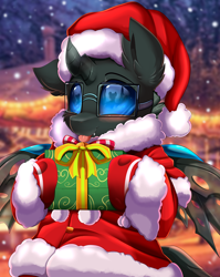 Size: 2550x3209 | Tagged: safe, artist:pridark, oc, oc only, oc:tarsi, changeling, blushing, christmas, christmas changeling, clothes, commission, costume, cute, cuteling, glasses, hat, high res, holiday, ocbetes, present, wings, ych result