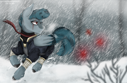 Size: 4096x2702 | Tagged: safe, artist:besamon, artist:besomb1tch, artist:besombitch, oc, oc only, pegasus, pony, fallout equestria, eye scar, female, mare, scar, snow, solo, wings