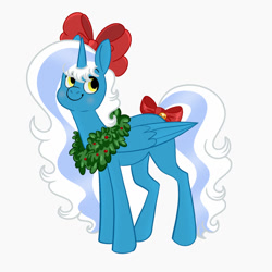 Size: 1024x1024 | Tagged: safe, artist:riofluttershy, oc, oc:fleurbelle, alicorn, pony, adorabelle, alicorn oc, blushing, bow, christmas, cute, female, hair bow, happy, holiday, horn, mare, smiling, tail bow, wings, wreath, yellow eyes