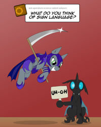 Size: 540x680 | Tagged: safe, artist:zoarvek, oc, oc:pun, changeling, pony, ask pun, agent 707, ask, imminent death, scythe, sign