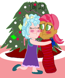 Size: 1280x1527 | Tagged: safe, artist:horroraceman93, babs seed, cozy glow, equestria girls, g4, babsglow, blushing, christmas, christmas tree, duo, equestria girls-ified, female, gift wrapped, holiday, lesbian, mummification, present, shipping, simple background, transparent background, tree