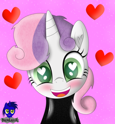 Size: 3840x4154 | Tagged: safe, alternate version, artist:damlanil, sweetie belle, pony, unicorn, g4, blushing, catsuit, clothes, cute, diasweetes, female, filly, floating heart, happy, heart, heart eyes, horn, latex, latex suit, looking at you, mare, open mouth, pink background, rubber, shine, shiny, simple background, smiling, spy, suit, vector, weapons-grade cute, wingding eyes