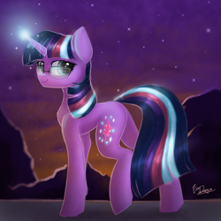 Size: 2000x2000 | Tagged: safe, artist:evedizzy26, sci-twi, twilight sparkle, pony, unicorn, equestria girls, g4, beautiful, blue eyes, blurry background, concave belly, cutie mark, element of magic, equestria girls ponified, female, geode of telekinesis, glasses, glowing horn, headcanon, heterochromia, high res, horn, jewelry, long legs, magic, magical geodes, mare, powerful sparkle, regalia, side view, sky, slender, solo, striped mane, striped tail, tail, thin, unicorn sci-twi, unicorn twilight, walking