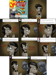 Size: 2254x3006 | Tagged: safe, artist:jitterbugjive, doctor whooves, star hunter, time turner, pegasus, pony, ask discorded whooves, g4, angry, betrayal, betrayed, bowtie, comic, crossover, denial, discord whooves, discorded, doctor who, doctor whooves is not amused, high res, implied dalek, jack harkness, male, ponified, race swap, stallion, tardis, tardis console room, tardis control room, the doctor, ufo