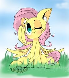Size: 1080x1220 | Tagged: safe, artist:pnpn_721, fluttershy, pegasus, pony, g4, earbuds, female, front view, full face view, grass, looking at you, mare, mp3 player, music player, one eye closed, outdoors, raised hoof, sitting, smiling, solo, spread wings, wings