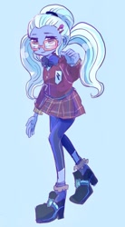 Size: 802x1458 | Tagged: safe, artist:osawari64, edit, sugarcoat, equestria girls, g4, blue background, blushing, clothes, cropped, crystal prep academy uniform, cute, looking at you, school uniform, simple background, smiling, solo, sugarcute, walking