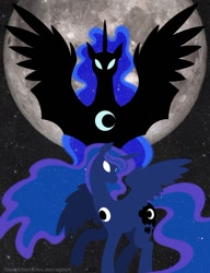 Size: 720x937 | Tagged: safe, artist:texasuberalles, nightmare moon, princess luna, alicorn, pony, g4, female, glowing eyes, hybrid wings, lineless, mare, moon, space, wings