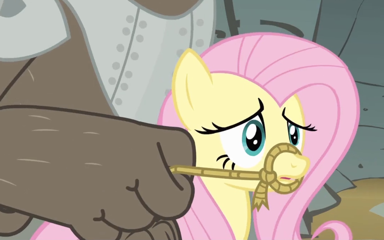 2512713 - safe, screencap, fluttershy, diamond dog, pegasus, pony, a dog  and pony show, g4, bridle, diamond dog guard, diamond dog riding  fluttershy, dogs riding ponies, female, flutterbuse, male, mare, riding,  rope,