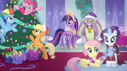 Size: 3840x2160 | Tagged: safe, artist:limedazzle, applejack, fluttershy, pinkie pie, rainbow dash, rarity, spike, twilight sparkle, alicorn, dragon, earth pony, pegasus, pony, unicorn, g4, the last problem, christmas, christmas tree, concave belly, cute, female, high res, holiday, magic, male, mane seven, mane six, mare, older, older applejack, older fluttershy, older mane seven, older mane six, older pinkie pie, older rainbow dash, older rarity, older spike, older twilight, present, show accurate, slender, teapot, thin, tree, twilight sparkle (alicorn), winged spike, wings