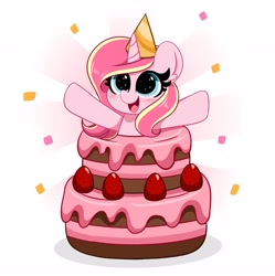 Size: 2037x2048 | Tagged: safe, artist:kittyrosie, oc, oc only, oc:rosa flame, pony, unicorn, blushing, cake, cute, food, hat, high res, ocbetes, open mouth, party hat, popping out of a cake, smiling, solo, sparkly eyes, wingding eyes