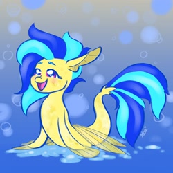 Size: 2500x2500 | Tagged: safe, artist:koapony, oc, oc only, oc:koa, seapony (g4), abstract background, blushing, female, high res, open mouth, seaponified, smiling, solo, species swap