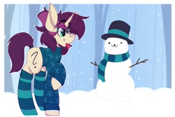 Size: 1577x1051 | Tagged: safe, artist:kirbirb, oc, oc only, oc:ambiguity, pony, unicorn, clothes, eye clipping through hair, eyebrows, eyebrows visible through hair, femboy, glasses, hat, horn, male, raised hoof, scarf, smiling, snow, snowman, socks, solo, stallion, standing, striped socks, sweater, tail, tongue out, top hat, winter