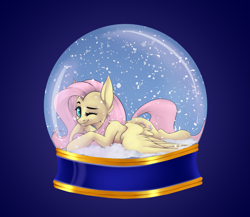 Size: 3825x3325 | Tagged: safe, artist:teelastrie, fluttershy, pegasus, pony, g4, commission, cute, female, gradient background, high res, looking at you, lying down, mare, one eye closed, prone, shyabetes, simple background, smiling, snow, snow globe, solo, spread wings, three quarter view, wings, wink, winking at you, ych result