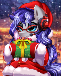 Size: 2550x3209 | Tagged: safe, artist:pridark, part of a set, oc, oc only, oc:cinnabyte, pony, :p, adorable face, blue eyes, christmas, cinnabetes, commission, cute, glasses, hat, headset, high res, holding, holiday, older, present, santa hat, solo, teenager, tongue out, ych result