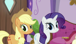 Size: 1953x1125 | Tagged: safe, screencap, applejack, rarity, roseluck, applejack's "day" off, g4, barely in frame roseluck, discovery family logo, looking at you, ponyville spa