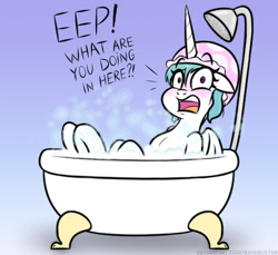 Size: 541x495 | Tagged: safe, artist:banebuster, princess celestia, alicorn, pony, series:tiny tia, g4, bath, bathing, bathtub, blushing, bubble, chest fluff, claw foot bathtub, cute, cutelestia, embarrassed, hat, looking at you, open mouth, shower cap, startled, talking to viewer, we don't normally wear clothes