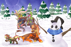 Size: 1200x800 | Tagged: safe, artist:velnyx, oc, oc only, oc:melondy, oc:spector splash, oc:sun sparks, oc:thunder oak, pony, seapony (g4), unicorn, hat, snow, snowman, winter