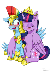 Size: 2480x3507 | Tagged: safe, artist:twidasher, rainbow dash, twilight sparkle, alicorn, pegasus, pony, g4, armor, blushing, chest fluff, crown, duo, eyes closed, female, helmet, high res, hoof shoes, hug, jewelry, lesbian, mare, open mouth, peytral, regalia, ship:twidash, shipping, signature, simple background, sitting, sweat, transparent background, twilight sparkle (alicorn), winghug