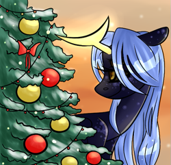 Size: 527x507 | Tagged: safe, artist:elizabeth_mitchel1, oc, oc only, oc:lunaria nubium, pony, unicorn, christmas, christmas tree, four eyes, holiday, tree