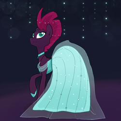 Size: 2048x2048 | Tagged: safe, artist:pfeffaroo, fizzlepop berrytwist, tempest shadow, pony, unicorn, g4, broken horn, clothes, dress, female, gala dress, high res, hoof shoes, horn, jewelry, looking up, mare, necklace, pretty pretty tempest, raised hoof, solo, standing