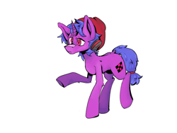 Size: 3600x2700 | Tagged: safe, artist:roachtoon, oc, oc:roachtoon, oc:romhack, pony, unicorn, beanie, confused, cutie mark, hat, headphones, high res, male, pink eyes, stallion, standing