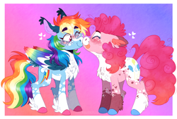 Size: 1986x1344 | Tagged: safe, artist:wanderingpegasus, pinkie pie, rainbow dash, earth pony, pegasus, pony, g4, :p, alternate hairstyle, blaze (coat marking), blushing, chest fluff, coat markings, colored wings, ear fluff, facial markings, female, freckles, heart, leg fluff, lesbian, mare, markings, multicolored wings, one eye closed, pale belly, rainbow wings, redesign, ship:pinkiedash, shipping, socks (coat markings), tongue out, unshorn fetlocks, wings, wink