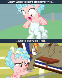Size: 640x800 | Tagged: safe, edit, screencap, cozy glow, cranky doodle donkey, donkey, pegasus, pony, a matter of principals, g4, the ending of the end, background pony strikes again, caption, cozy deserved this, cozybuse, female, filly, foal, image macro, male, meme, nail file, op is a duck, op is trying to start shit, petrification, punish the villain, punishment, text