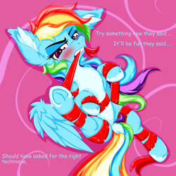 Size: 2500x2500 | Tagged: safe, artist:rurihal, rainbow dash, pegasus, pony, g4, annoyed, blushing, chest fluff, dock, ear fluff, frog (hoof), gift wrapped, high res, mouth hold, ribbon, tangled up, underhoof