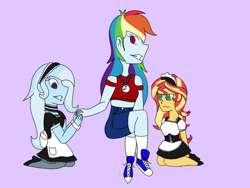 Size: 2048x1536 | Tagged: safe, artist:mintymelody, rainbow dash, sunset shimmer, trixie, equestria girls, g4, clothes, converse, hypnosis, hypnotized, kneeling, maid, maid headdress, shoes, swirly eyes