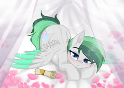 Size: 3465x2454 | Tagged: safe, artist:kim0508, oc, oc only, oc:dreamer skies, pegasus, pony, base used, bed, bedroom eyes, high res, pegasus oc, solo, wings