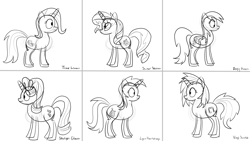 Size: 3840x2160 | Tagged: safe, artist:byteslice, derpy hooves, dj pon-3, lyra heartstrings, starlight glimmer, sunset shimmer, trixie, vinyl scratch, pegasus, pony, unicorn, g4, 4k, female, folded wings, high res, mare, monochrome, simple background, sketch, white background, wings