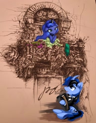 Size: 2179x2812 | Tagged: safe, artist:musical ray, princess luna, oc, oc:ray, alicorn, pony, unicorn, g4, accordion, balcony, carving, female, flower, high res, looking at each other, male, musical instrument, straight, traditional art