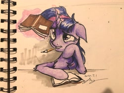 Size: 4032x3024 | Tagged: safe, artist:musical ray, twilight sparkle, pony, g4, book, female, floppy ears, magic, mare, pencil, reading, solo, telekinesis, traditional art